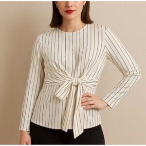 Zara Woman Long Sleeve Vertical Stripe Front Tie Waist Blouse Cream Black XL